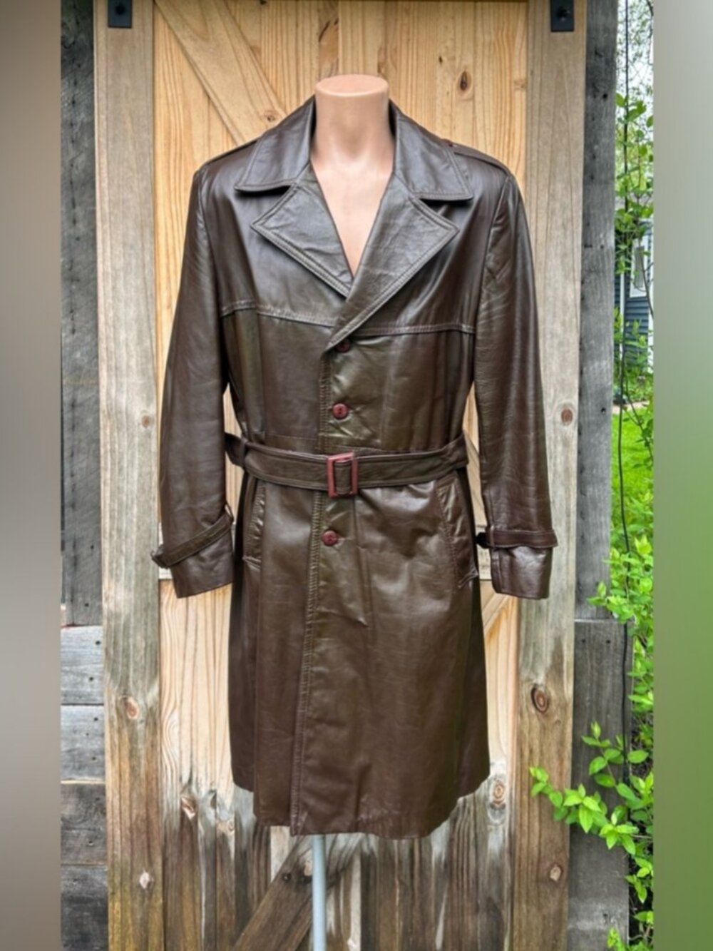 Vintage 70s Sears Mens Long Brown Leather Trench Coat~42~